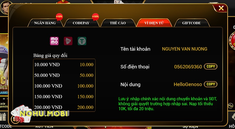 Giao dịch qua Ví điện tử tại game bài online