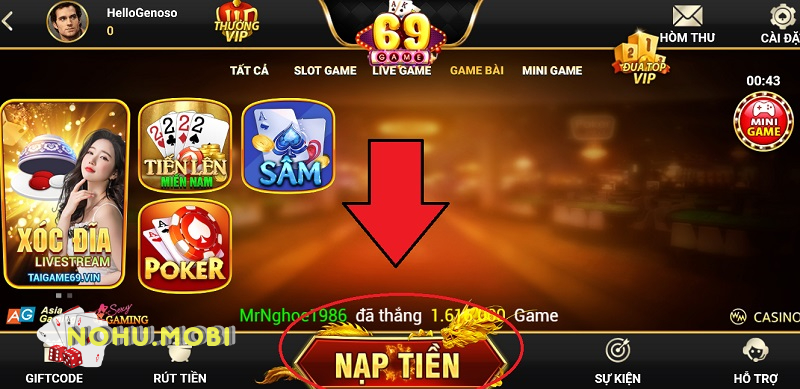 Nạp tiền vào ví tài khoản Game69