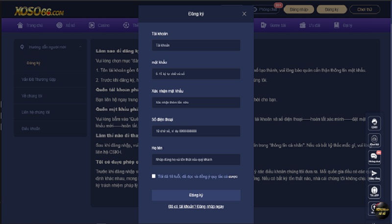 Đăng ký tài khoản Xoso66 